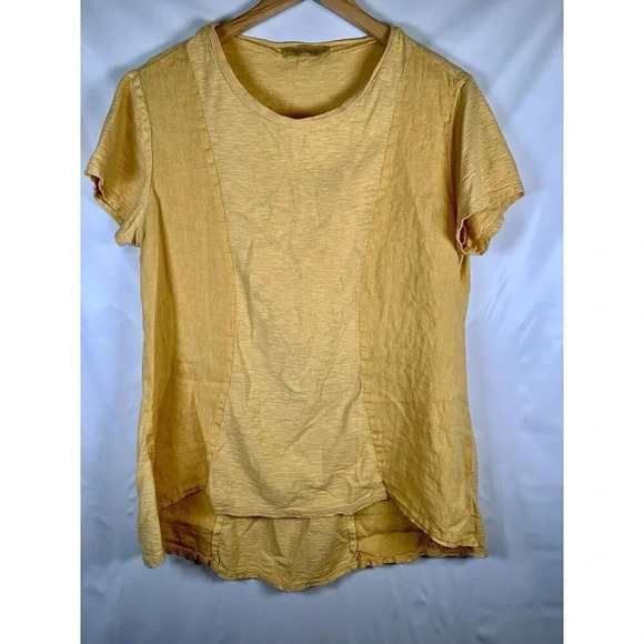 Cut Loose Short Sleeve Linen Blend Yellow Round Neck Blouse Top Size Large - Picture 1 of 7